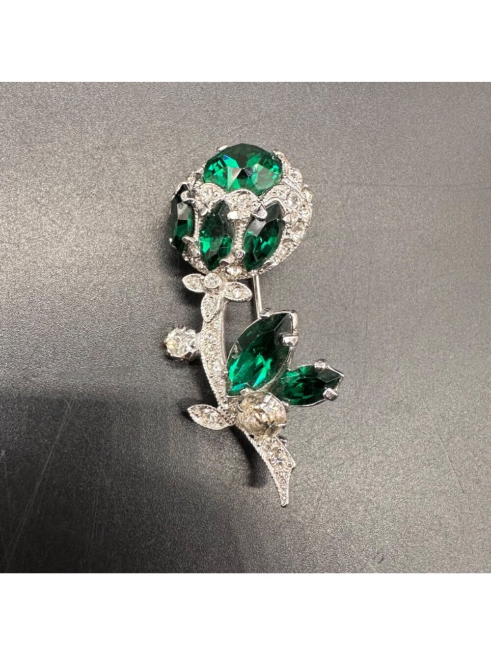 Vintage Eisenberg Ice Floral Brooch Pin Green Clear Rhinestone Silver Tone Retro - Picture 2 of 12